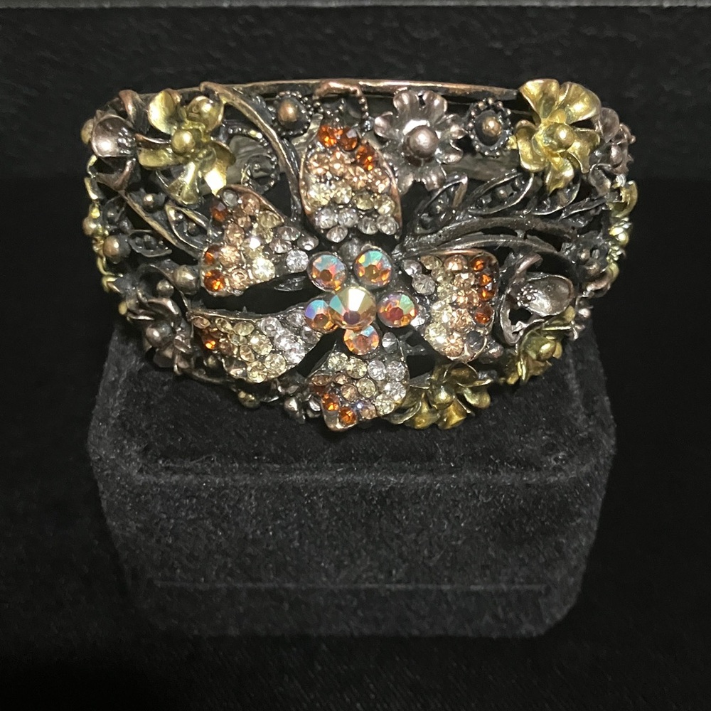 Vintage Floral Crystal Cuff Bracelet in Amber and Gold - Women Jewelry